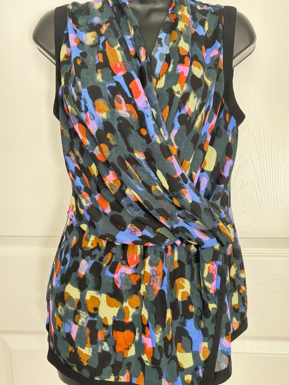 CAbi Black Multicolor Abstract Sleeveless Wrap Top